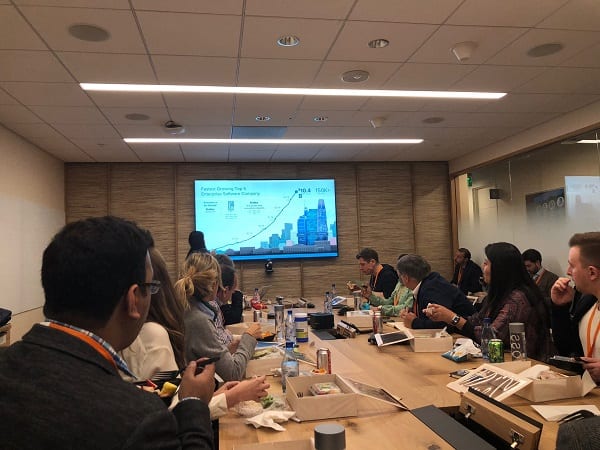The Thomson Reuters team take a working lunch during a company visit in Silicon Valley.