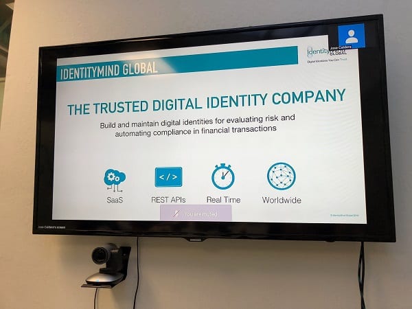 A presentation slide shown to executives from Banco Santander Meixco during a visit to IdentityMind. A software-as-a-service (SaaS) company which builds and maintains digital identities, IdentityMind seeks to prevent fraud and money laundering.