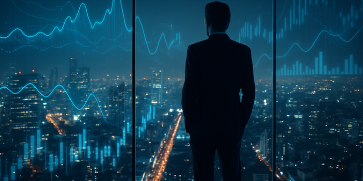 Business leader viewing city skyline with digital data overlays.