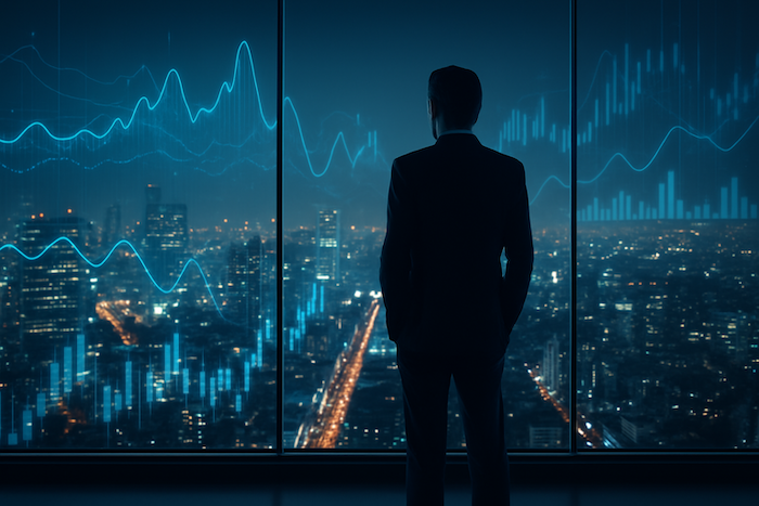 Business leader viewing city skyline with digital data overlays.