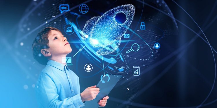 Boy with tablet looking at digital rocket and tech icons, symbolizing the future of education and innovation.