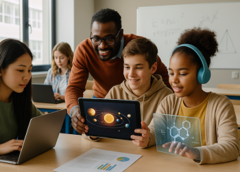 Students and teacher using digital devices in a tech-enabled classroom.