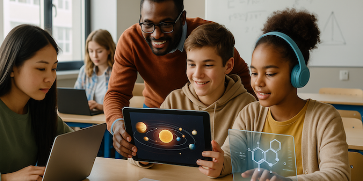 Students and teacher using digital devices in a tech-enabled classroom.