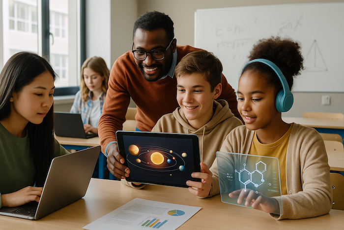 Students and teacher using digital devices in a tech-enabled classroom.